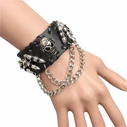 Snap Punk Rock Wrap Red Black Leather Bracelet Men Vintage Star skull Gothic Wide Cuff Bracelets For Women Jewelry