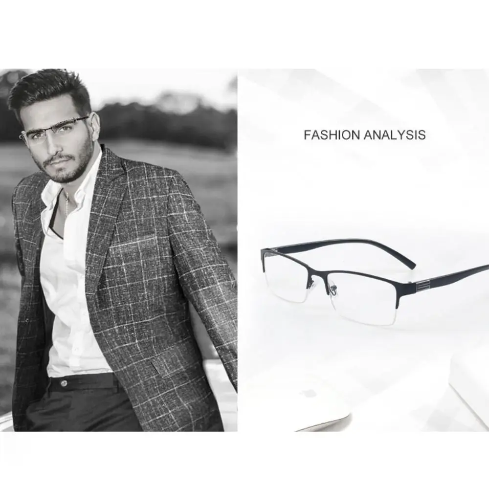نظارات قراءة معدنية جديدة من البولي كربونات باللون الأسود والرمادي مربعة بنصف إطار خفيف للغاية للعناية بالرؤية للرجال