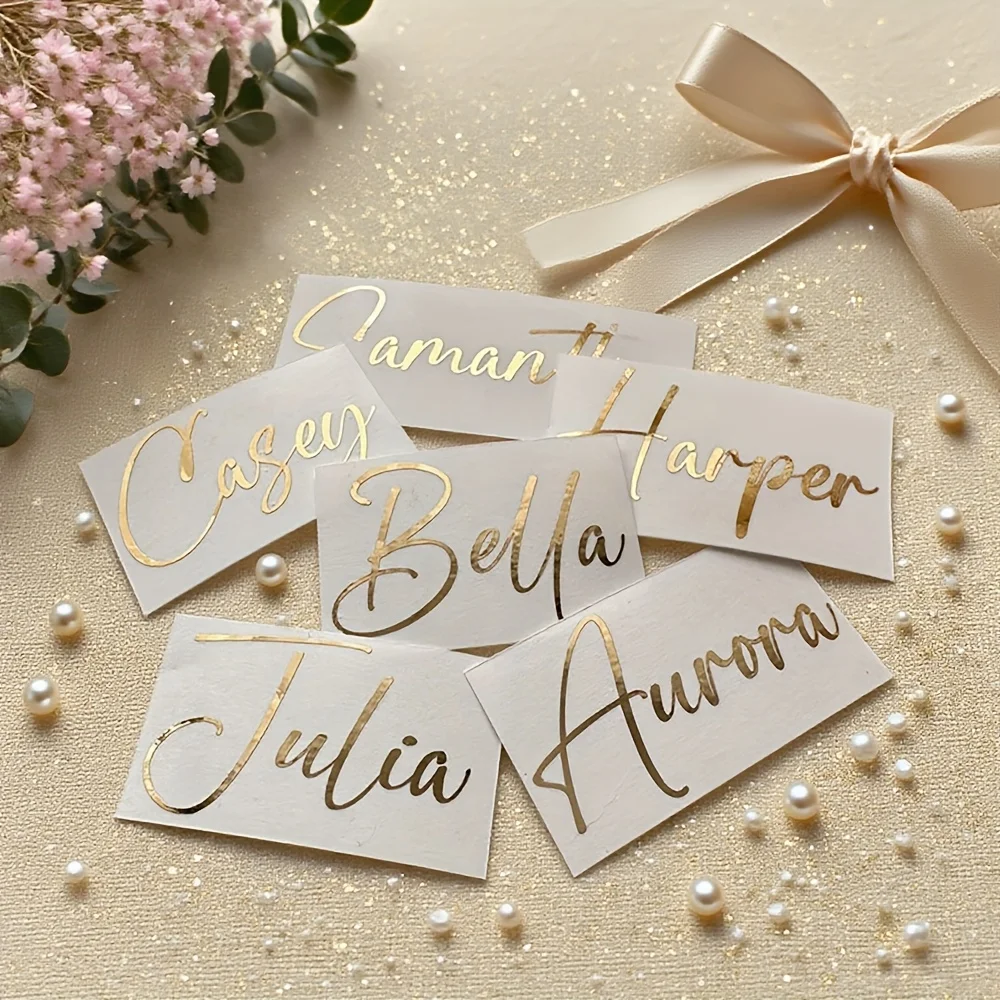 5 Stück personalisierte Namens-Vinylaufkleber – elegante kursive Schrift mit goldenem Glitzer, perfekt für Hochzeits-Party-Dekorationen