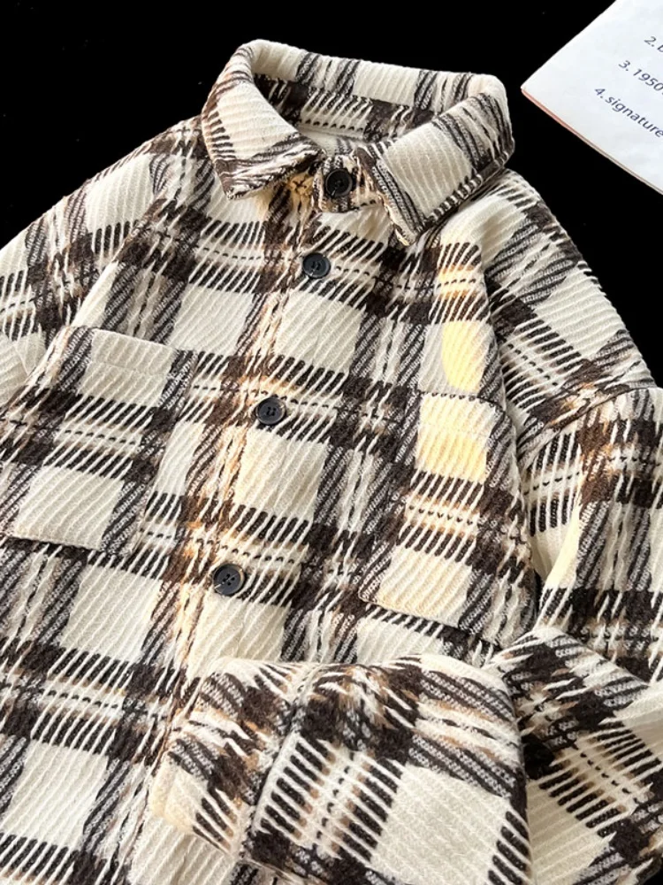 

Мужская куртка в клетку в стиле преппи, весенне-осенняя, повседневная, в американском ретро-стиле, винтажная, с эффектом высокой плотности ткани, топ-куртка.