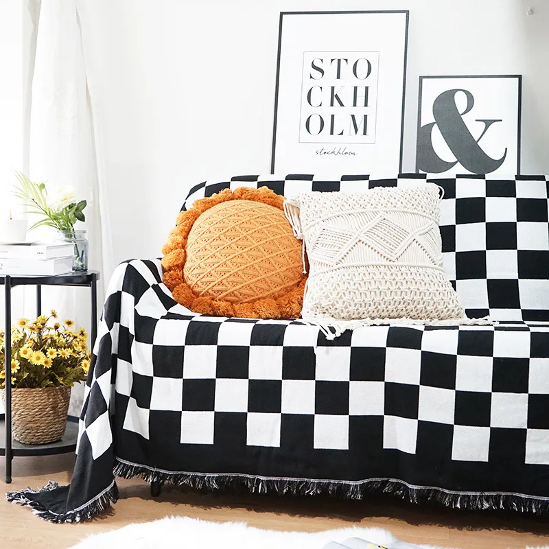 

Checkerboard Sofa Towel Black And White Grid Sofa Throw For Living Room Sofa Blanket Decorative Cotton Thread Woven Sofa Cover