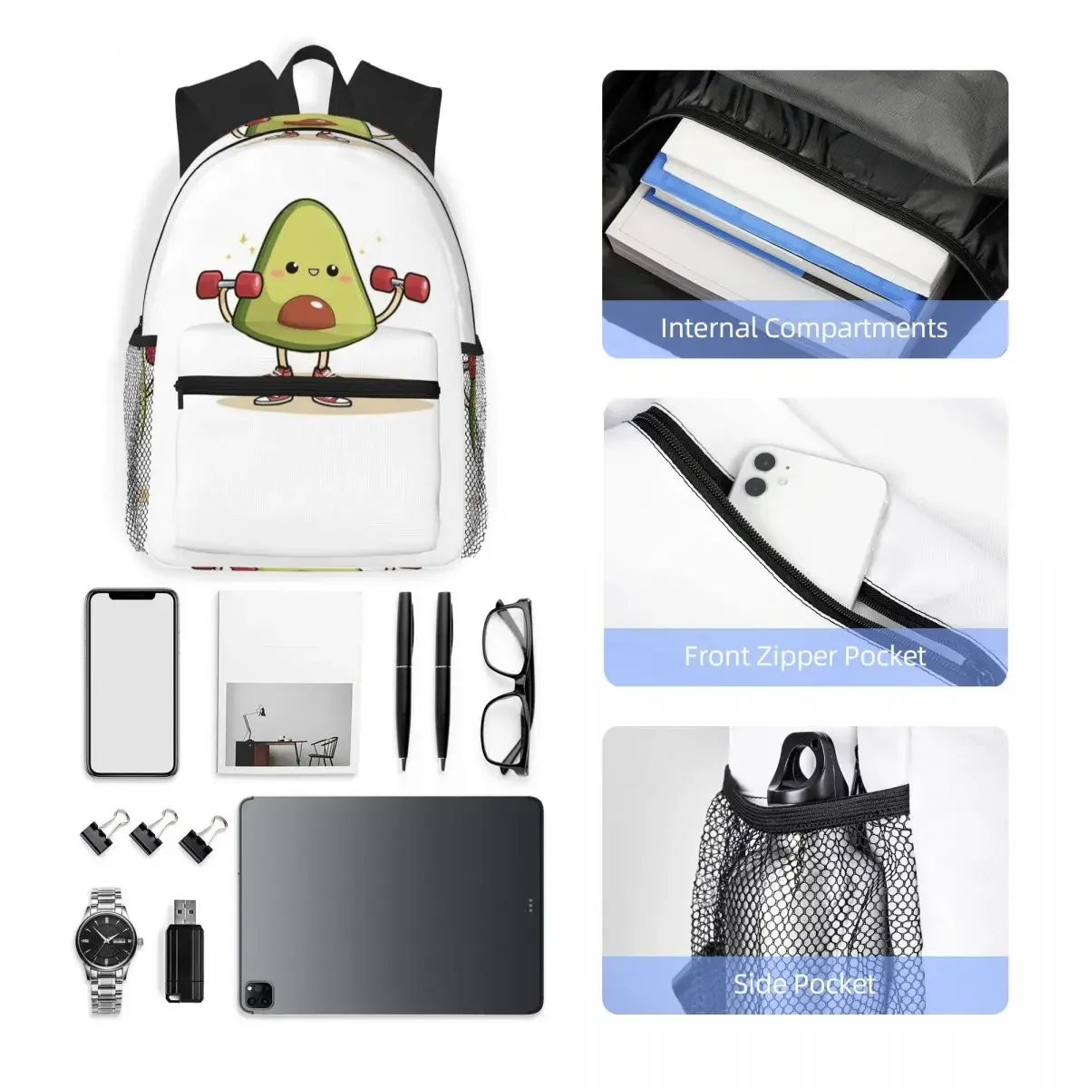 دمبل رفع الأفوكادو العضلي، تصميم مضحك للياقة البدنية والطعام، حقيبة ظهر Daypack، حقيبة كتب مدرسية، حقائب كتف للرجال والنساء