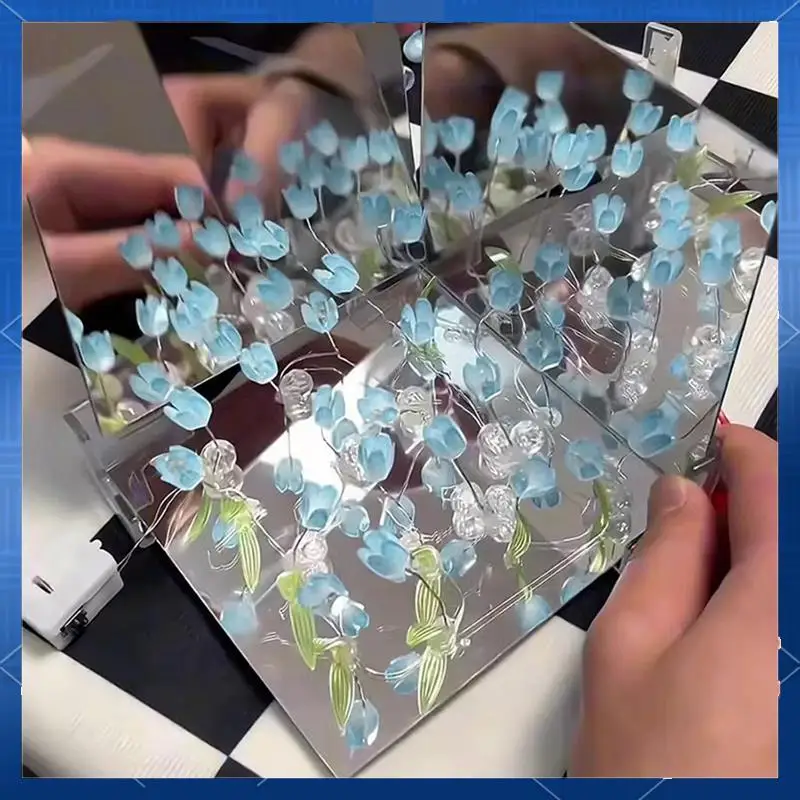 

DIY Tulips Mirror Cube Night Light Room Lamp Decor Ornament Handmade Material Package Desk Decoration C
