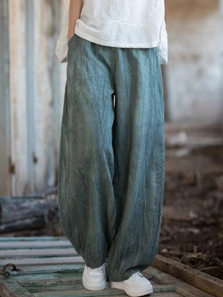 Retro Bohemian Style Wide Leg Lantern Pants Women's Spring Autumn Loose plus Size Versatile Slimming Casual Long Trousers