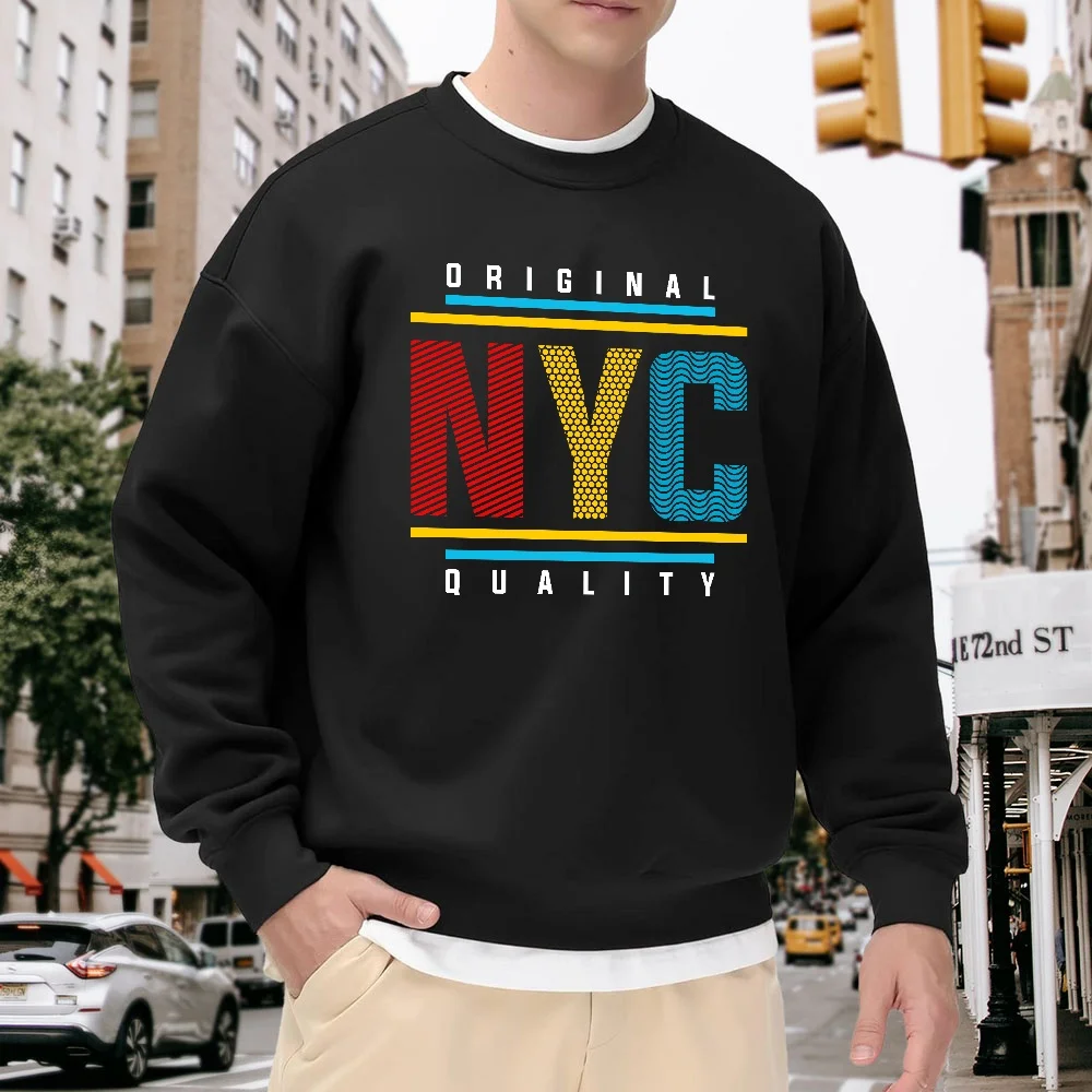 

Men's Black Loose-Fitting Crew Neck Sweatshirt with Contrasting Nyc Letter Print, Street Fashion Casual Pullover, Versatile and Comfortable for Everyday Wear