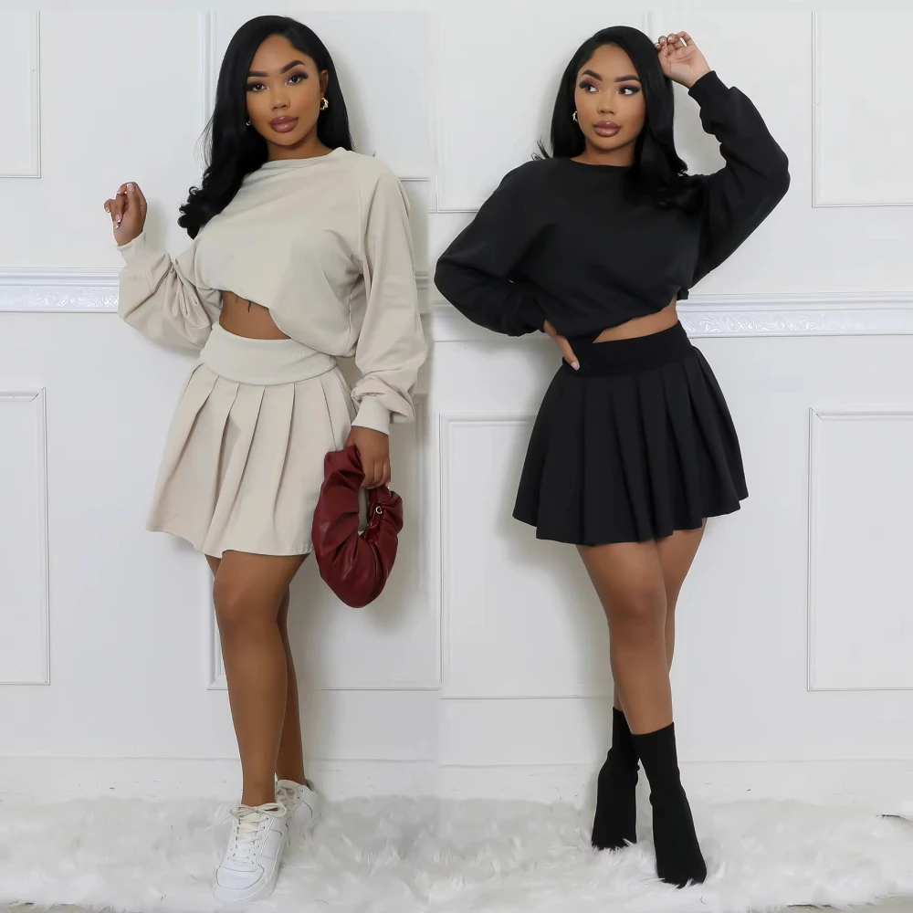 

Women's Set Full Sleeve Sweatshirt + Pleated Skirts 2025 Spring Active Sporty Street Two 2 Piece Sets Outfits Tracksuit