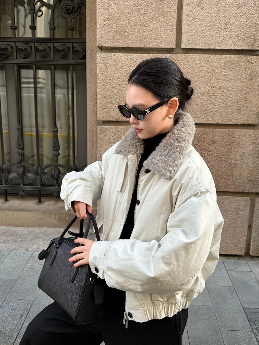 

Повседневное женское пальто-пуховик Jaet с воротником из овечьего меха на гусином пуху, теплое длинное пальто-све, повседневная свободная рабочая одежда