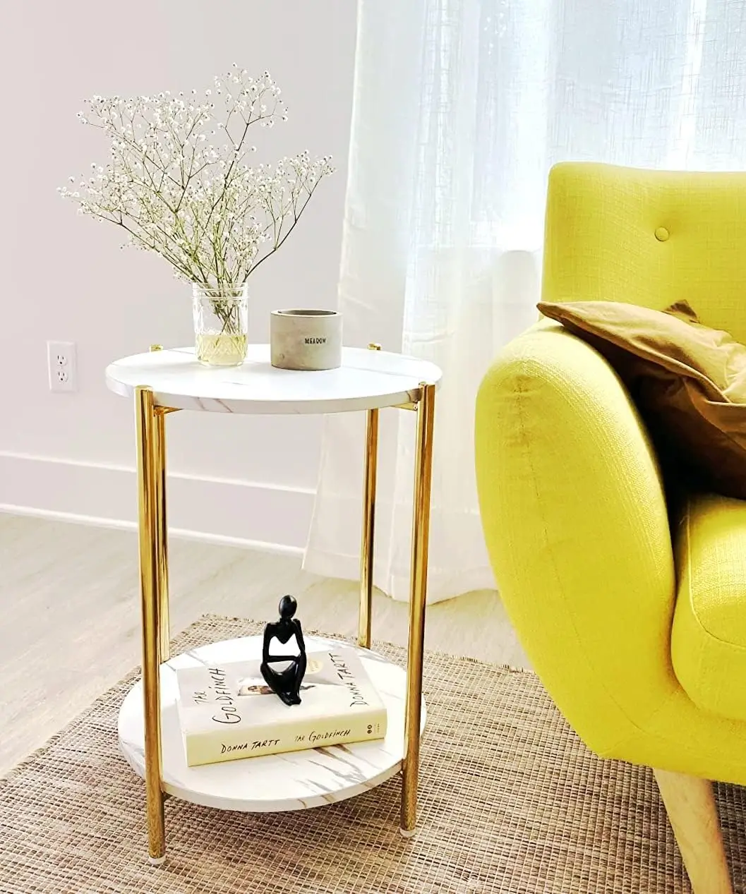 

2-Tier Gold Round Side Table with Faux Marble Top for Living Room, Bedroom or Small Spaces