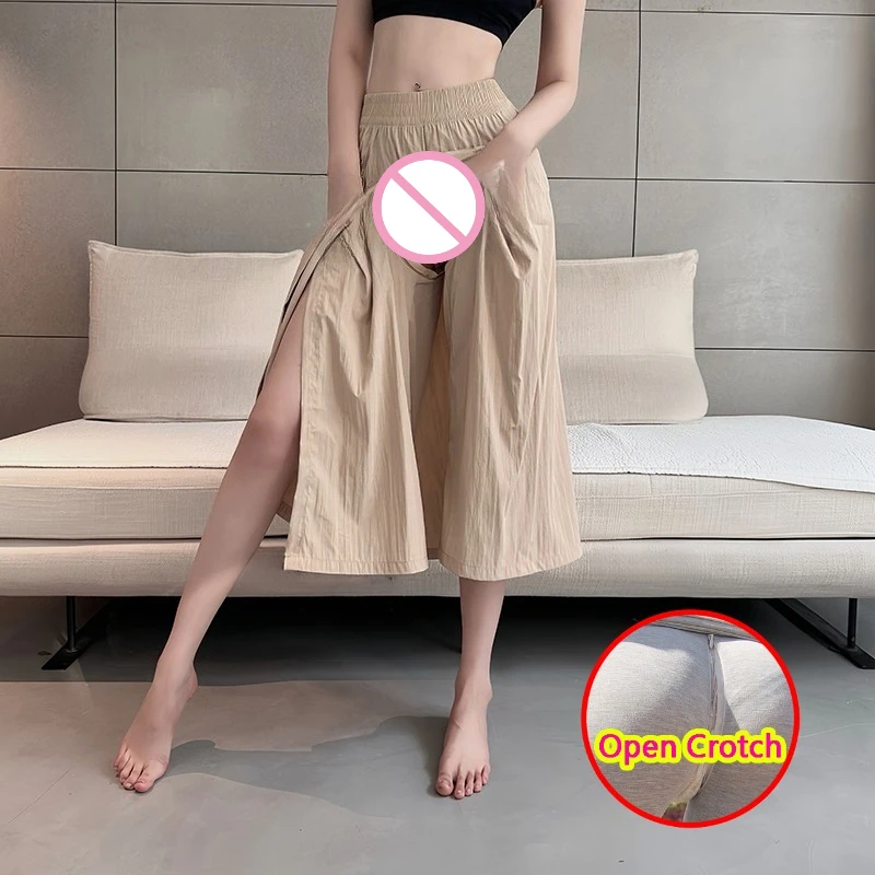 Women Open Crotch Panties Loose Wide Leg Pants Front Back Zipper Skirt Pants Easy Take off Crotchless Dating Casual Wear Capris