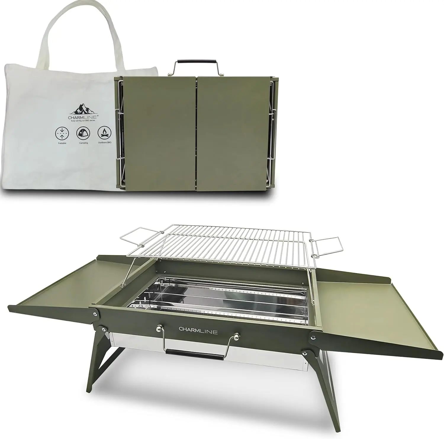 

20x14" Foldable Charcoal BBQ Grill for 3-5 People, Portable Camping Grill for Outdoor Use, Green