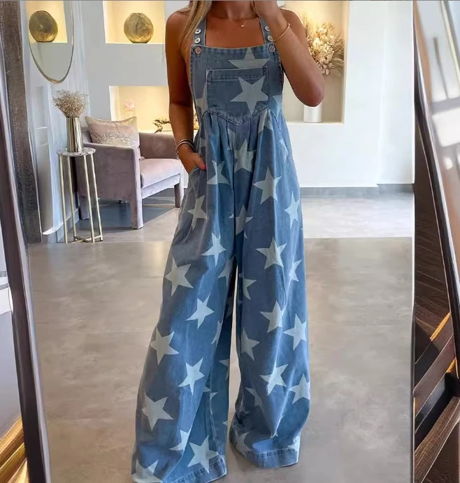 Women's Jumpsuit Casual Trendy Denim Overalls Fashion Star Pattern Printed Pocket Design High Waist Loose Fit Wide Leg Jumpsuit