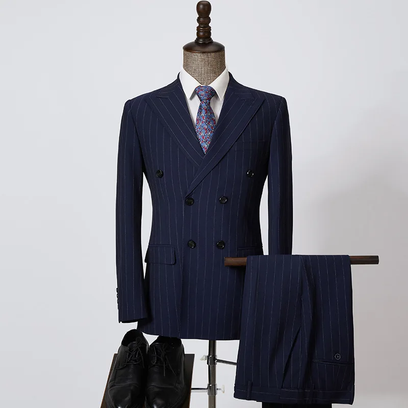 

Men's Double-Breasted Striped Suit Groom Wear Jacket Trousers Two-Piece Set Fashionable Handsome Wedding Business Casual Blazer