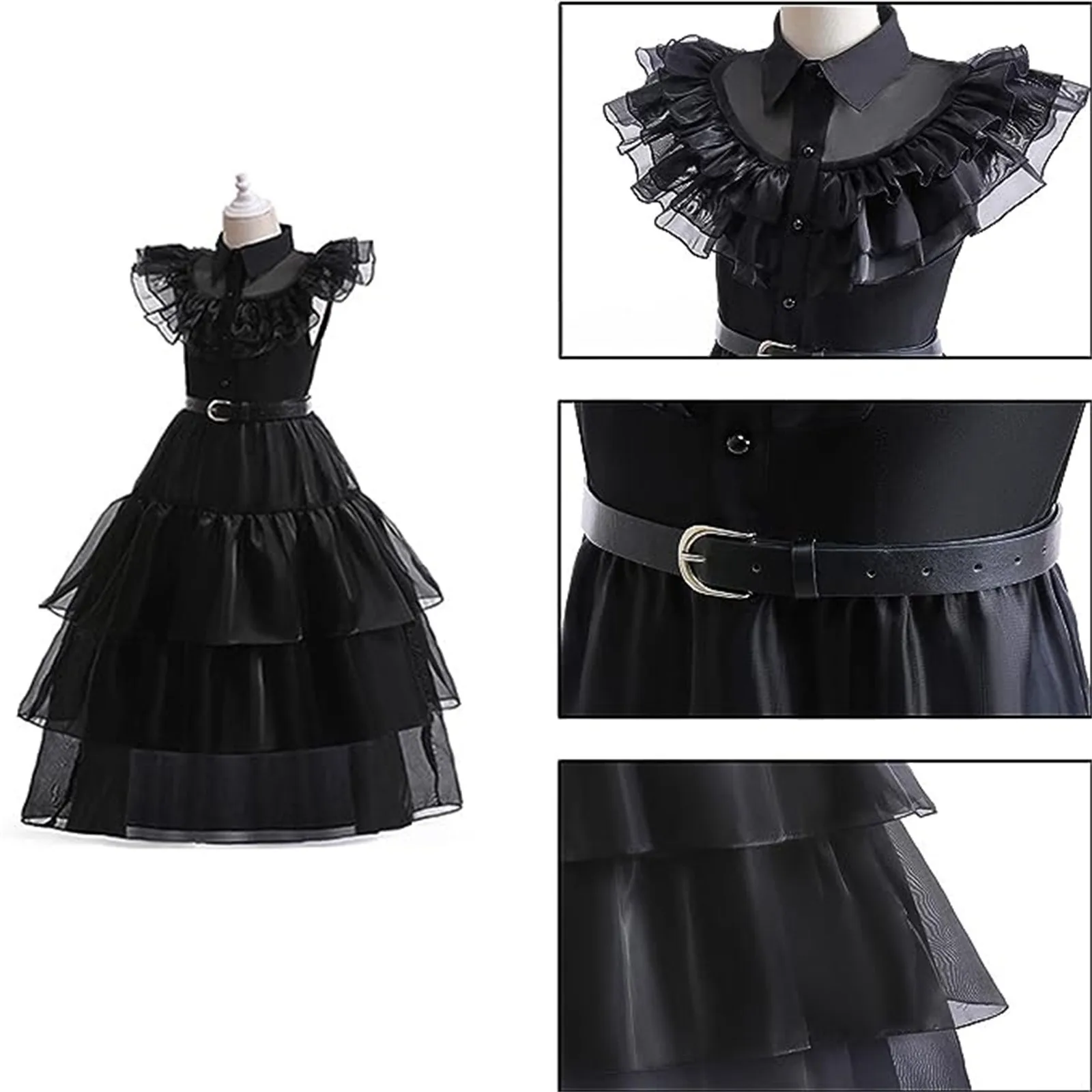 Wednesday Addams Dress Up Costume For Girls Birthday Halloween Cosplay Party Dress With Wig Socks Belts For Kids 3-10 Years