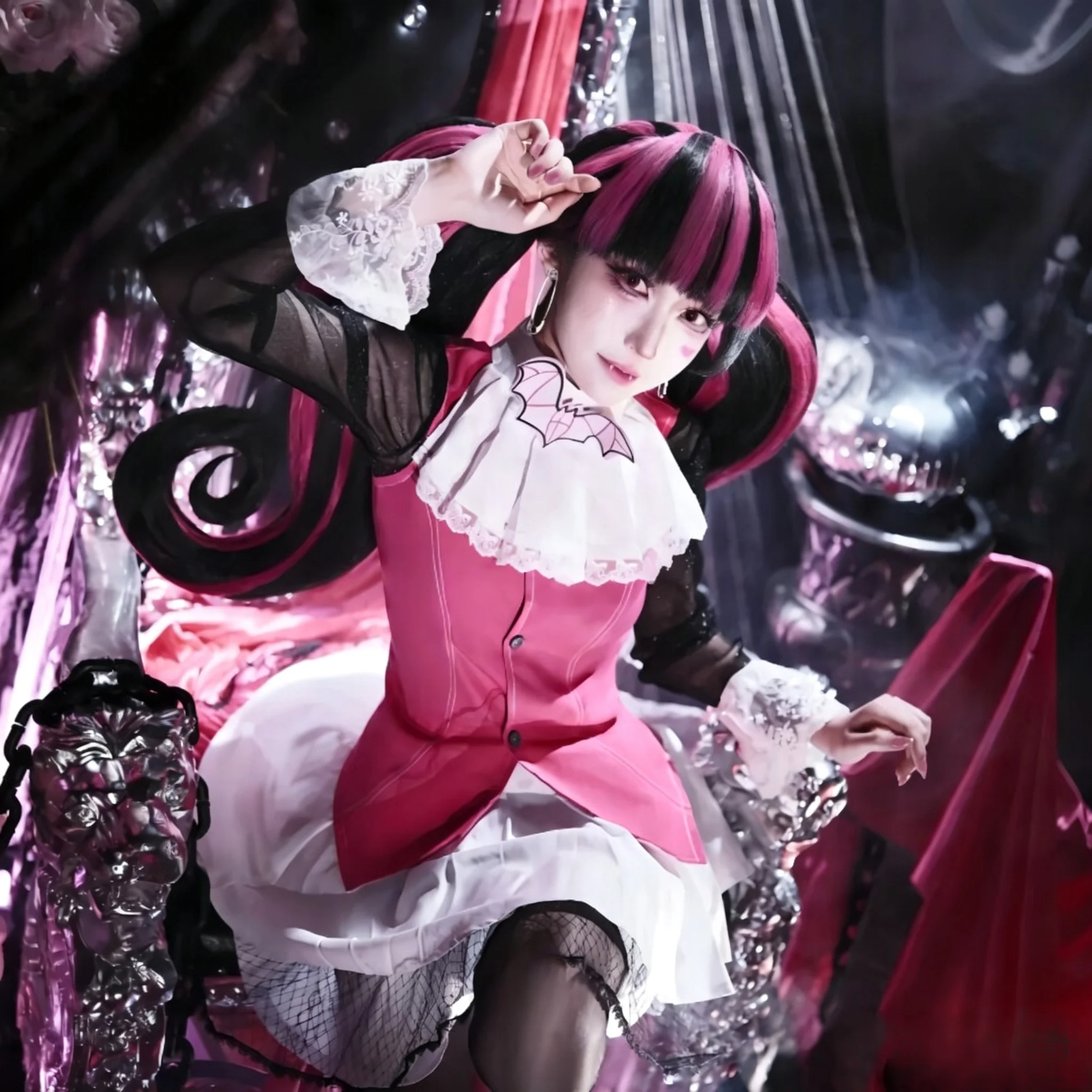 Draculaura Monster High Cosplay Set - Pink Dress + Gold Gloves + Bat Collar - Girls & Women Halloween Costume