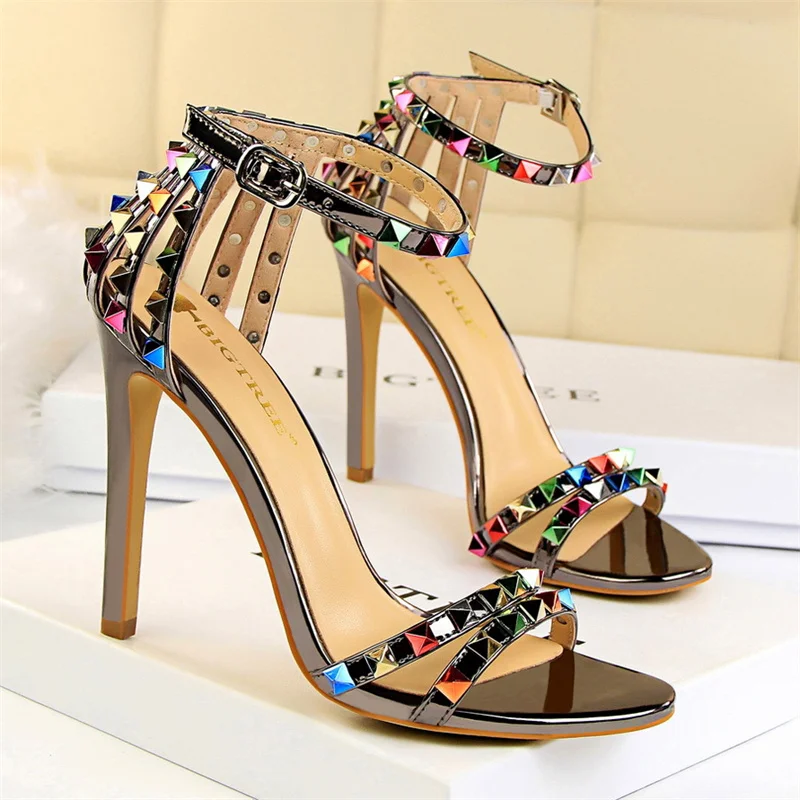 High Heel Hollow Colored Rivets Sandals Lady Stiletto Gladiator Pumps Summer 2024 Luxury Fashion Elegant Roman Style Shoes