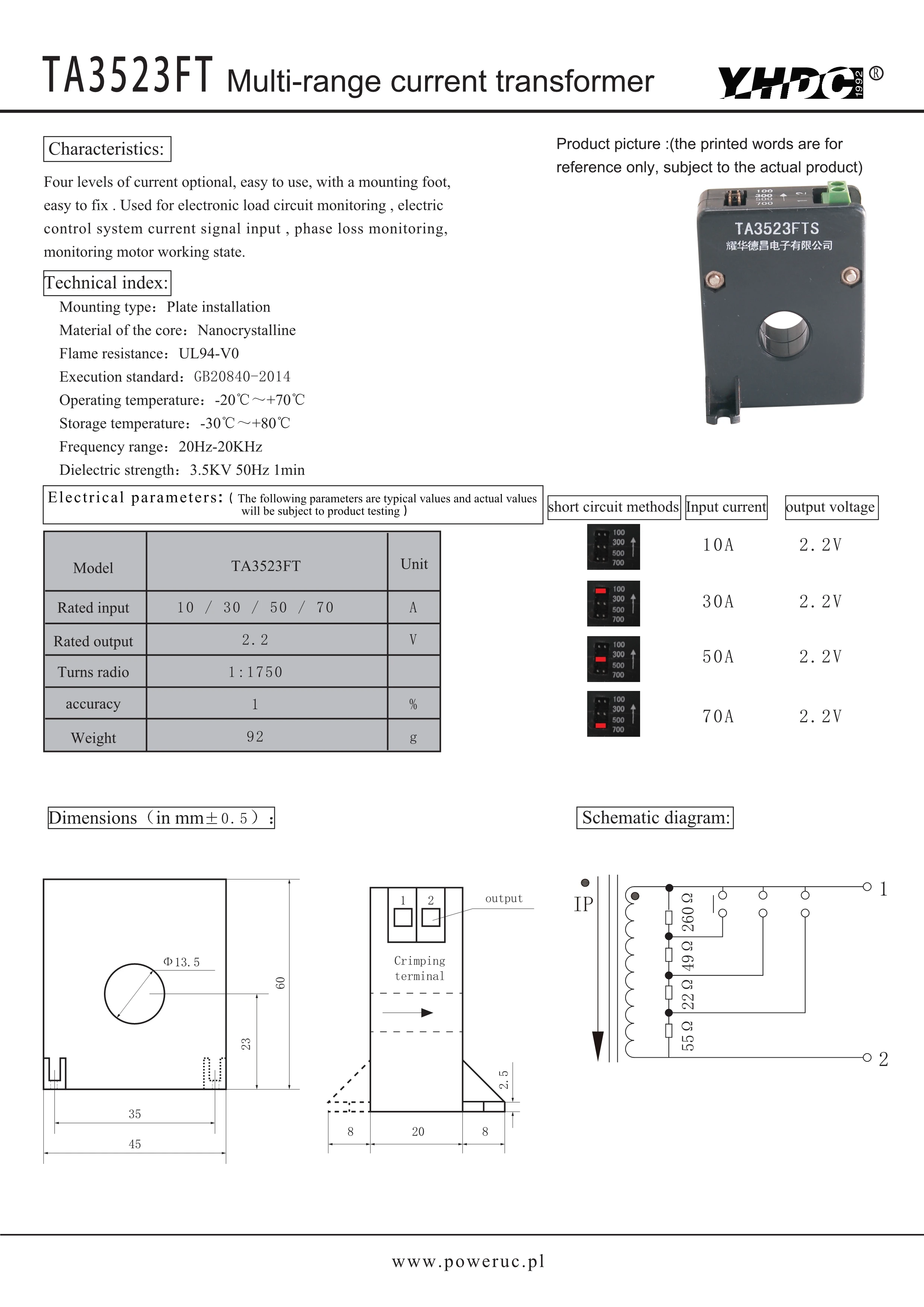 YHDC TA3523FT Rated Input 10A/30A/50A/70A  Output 2.2V Multi-Range Current Transformer Variable Range