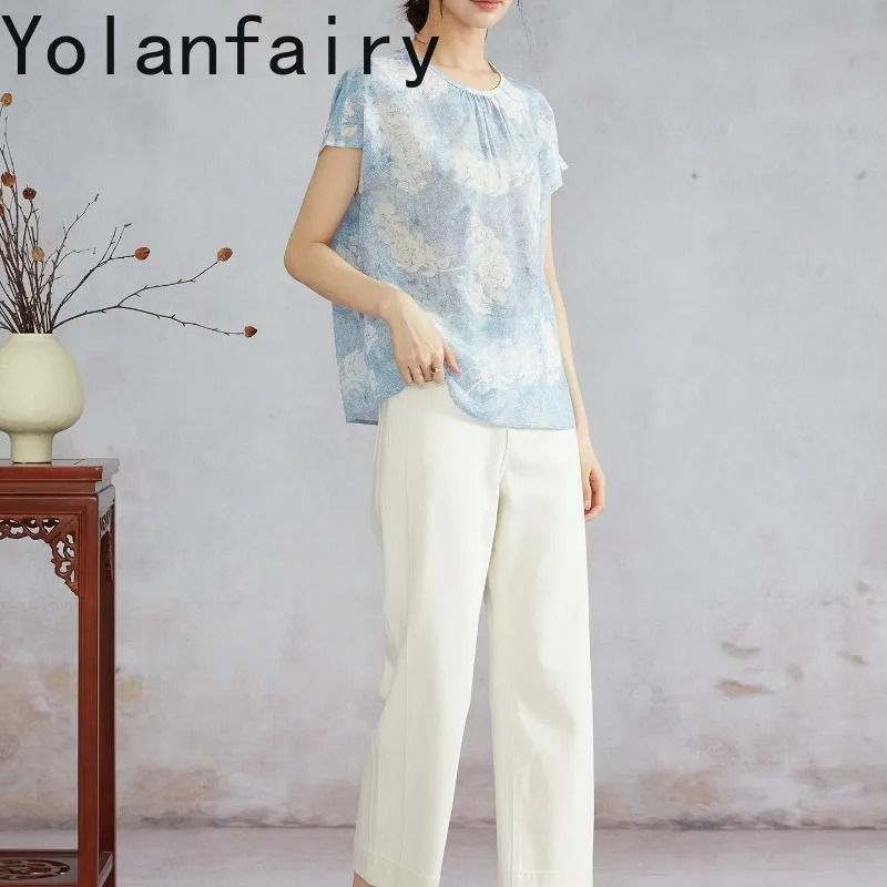 YOLANFAIRY 100% Real Mulberry Silk Tshirt Double Crepe Silk T-shirts for Women Elegant Blouse Top Rose Tie-dye Print Tee Shirt