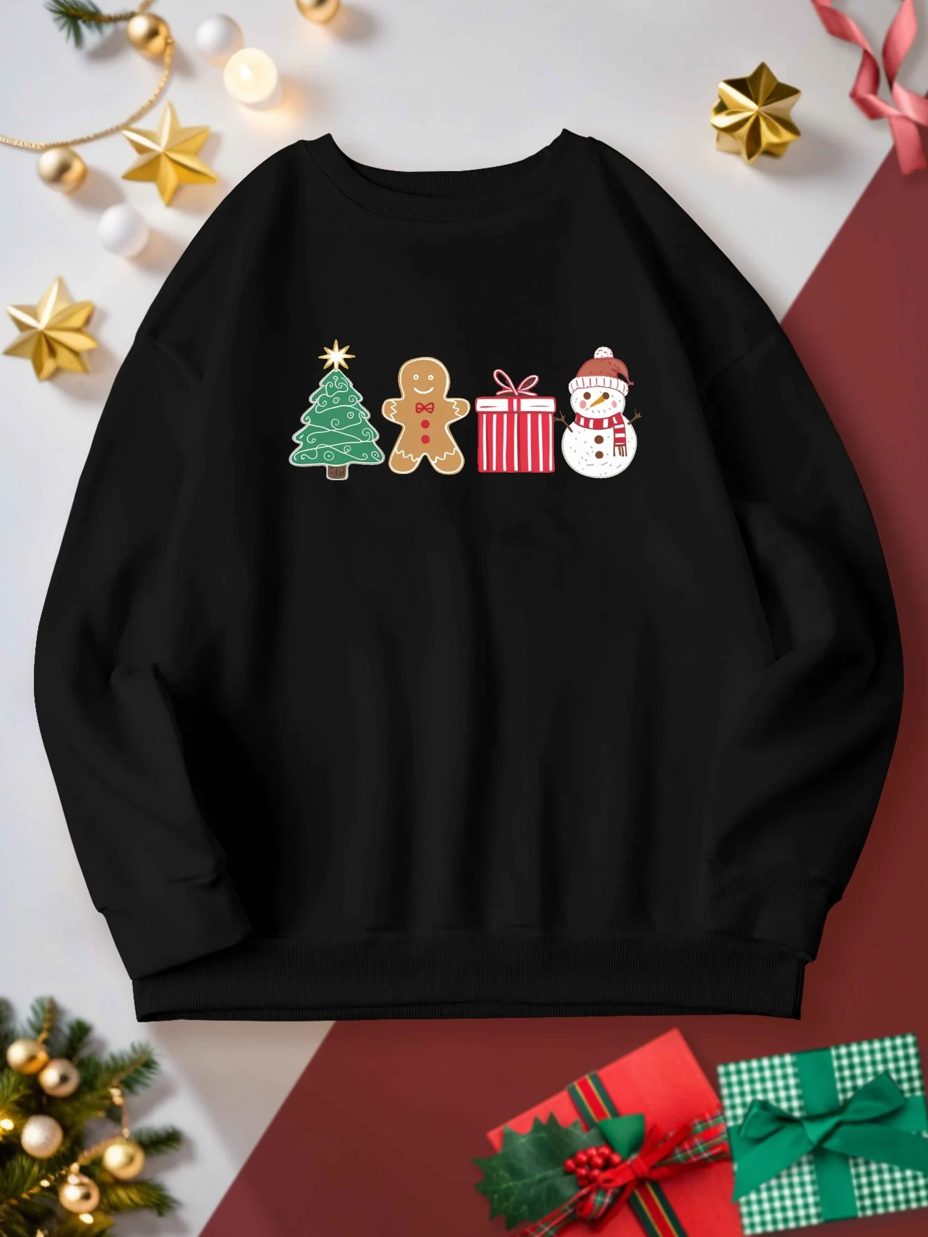 Chilly Fun, Cozy Plus Size Women's Sweatshirt with Festive Gingerbread for Man & Snowman Design - Long Sleeve, Crew Neck, Casual