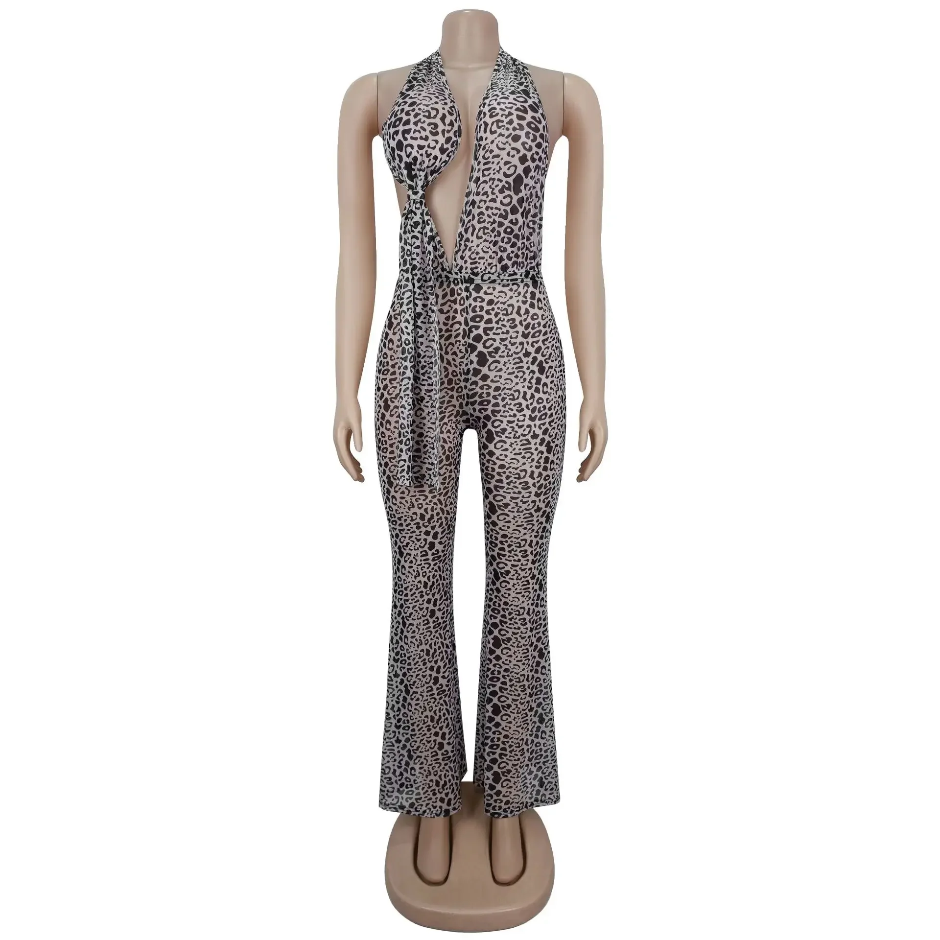 Easter Elegant Leopard Print Jumpsuit Women V Neck Cut out Detail Sexy Backless One Piece Overall Playsuit for Night Party
