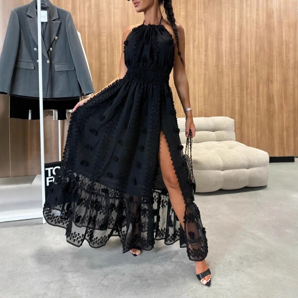 Mulheres sexy verão halter 3d flor malha fenda vestido de noite sem costas franzido plissado hem dupla camada maxi vestido