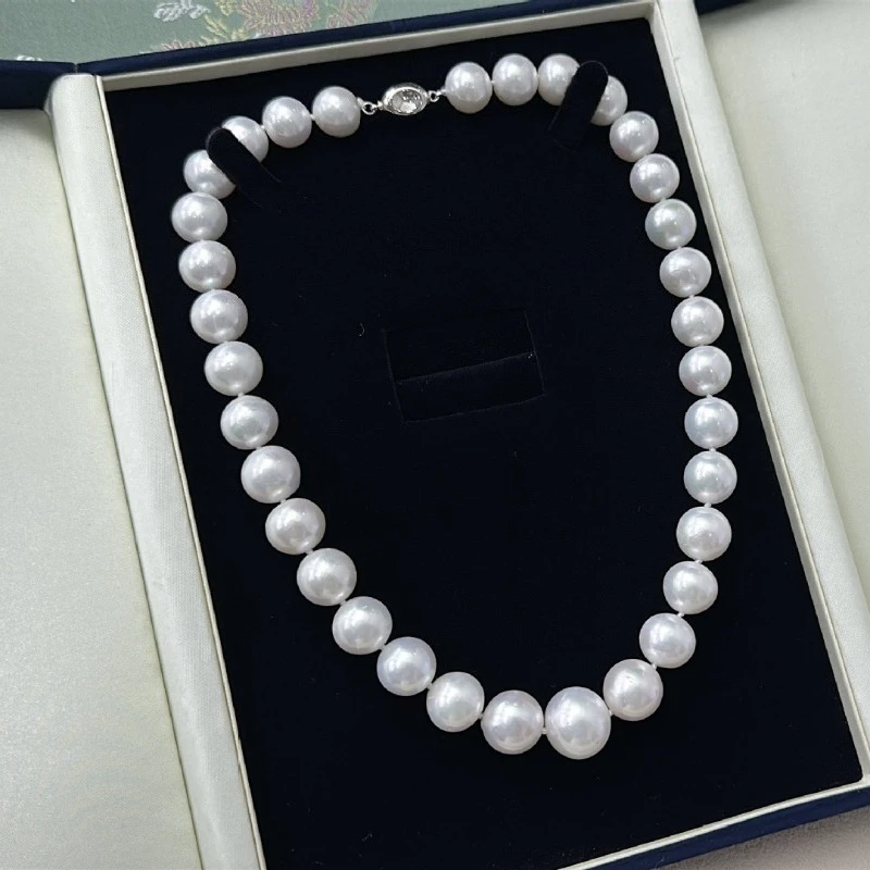 

925 Silver Natural Pearl Large Size 12-16mm Near Round Strong Light Flawless Necklace