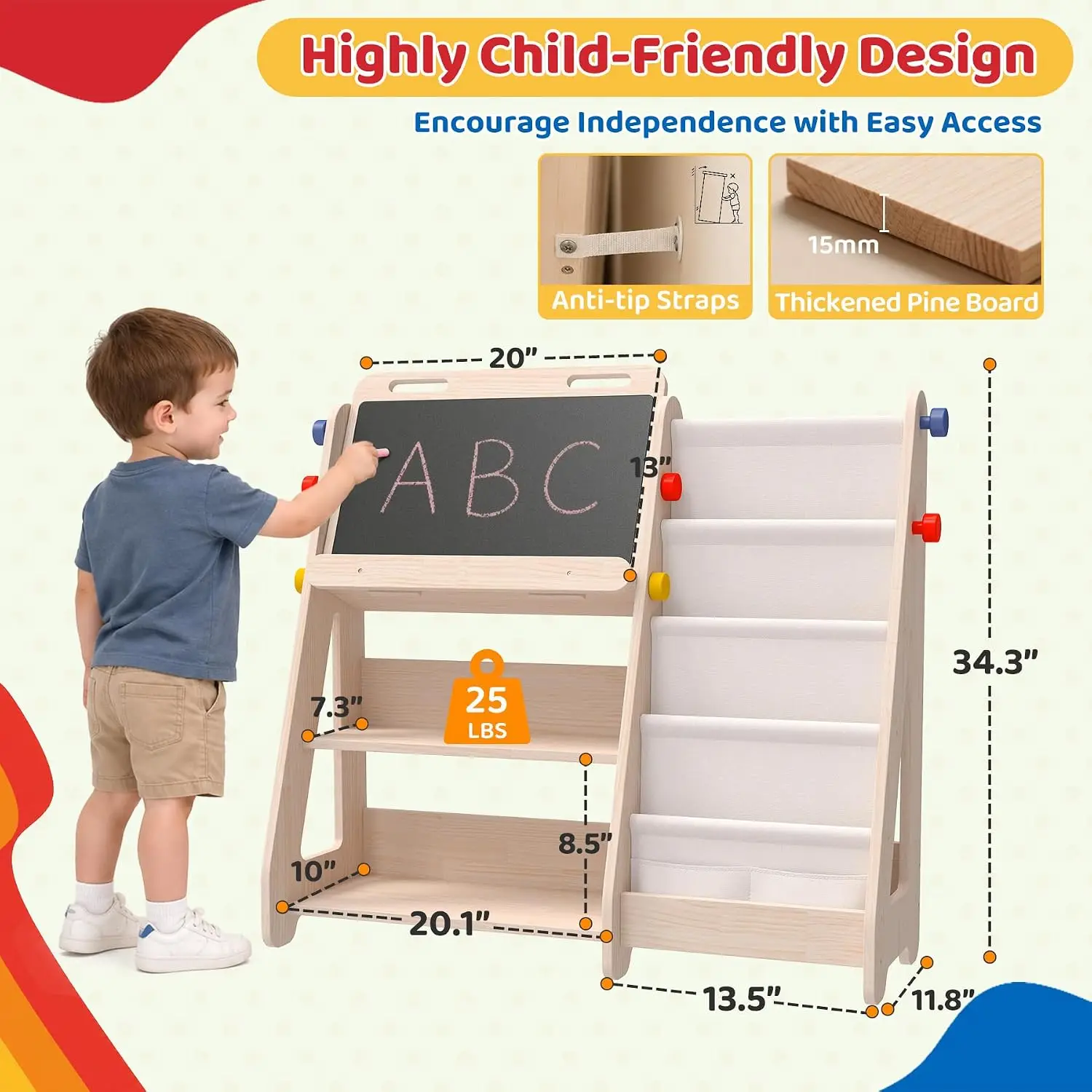Kids Bookshelf and Toy Storage Organizer, Montessori Toddler Bookcase with Dual Drawing Board, 4 Hooks & 5-Tier Canvas Bag, Kids Storage Shelf for Playroom, Nursery, Bedroom, Classroom