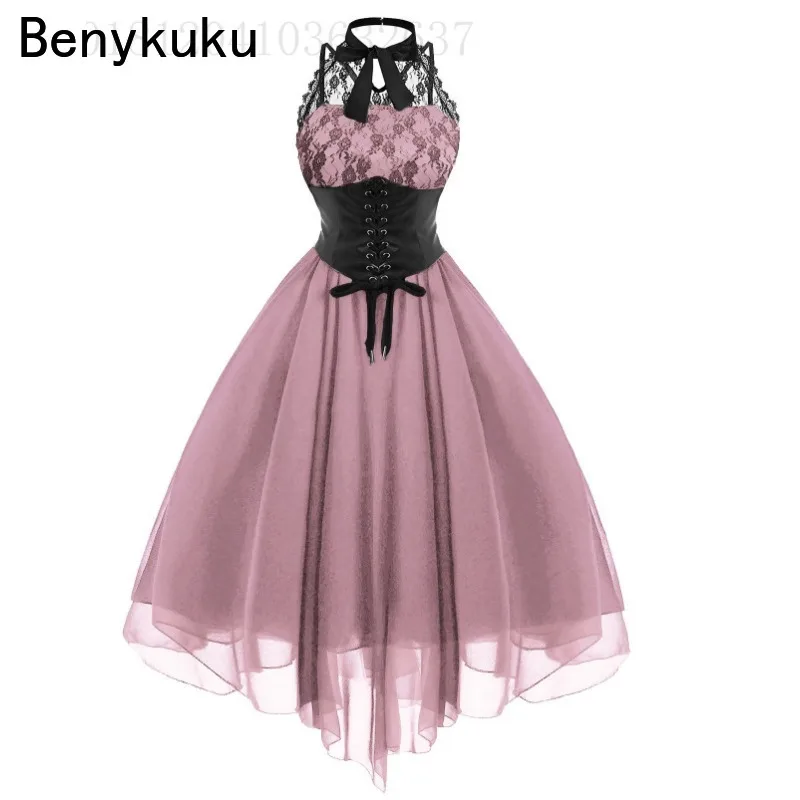 

Irregular Hem Black Backless Aesthetic Goth Clothes Women Sleevesless Lace Chiffon Patchwork High Waist Harajuku Gothic Dresses