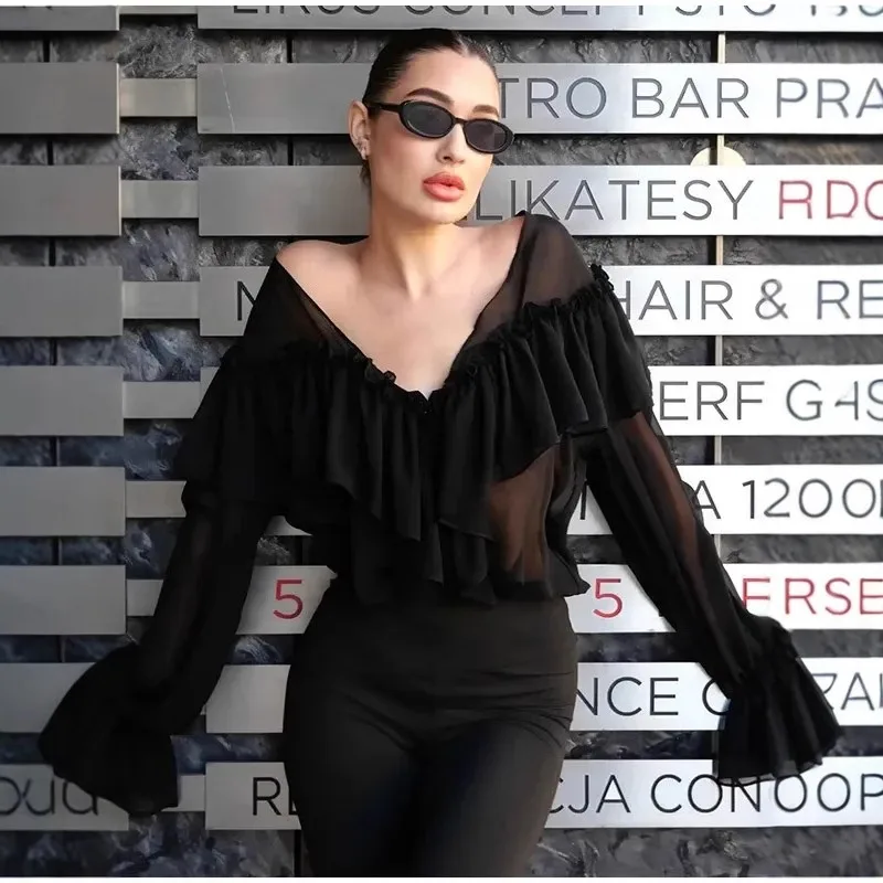 2025 frauen Sommer V-ausschnitt Sexy Durchsichtiges Hemd Strand Bluse Mode Rüschen Patchwork Weibliche Bluse Top