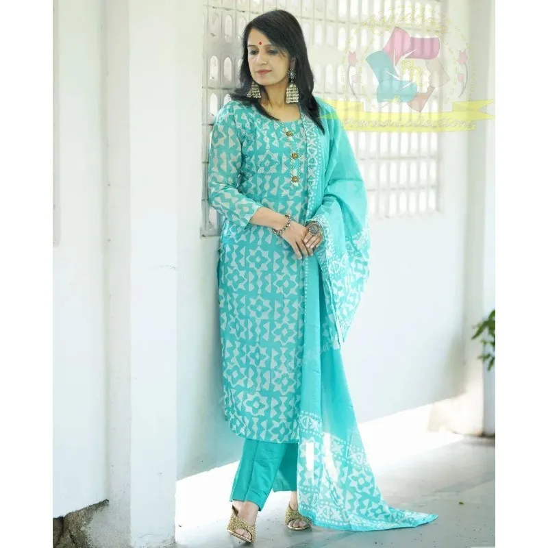 

Women Salwar Kameez Suit Blue Color Printed Kurta Palazzo & Dupatta Kurti Pant