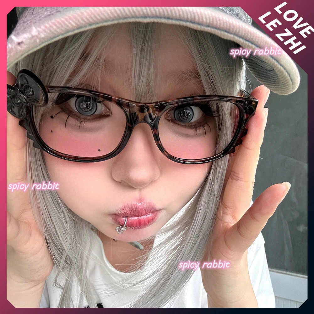 Y2K Hello Kitty Leopard Print Bow Spice Girl Glasses Fashion Vintage Cartoon Large Oval Frame Eyeglasses Without Lenses Glasses