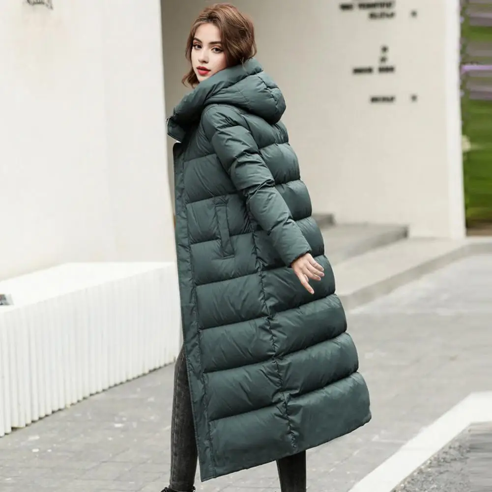 Women Cotton Jacket Solid Color Coat Windproof Winter Down Coat with Hood Pockets for Weather Protection Zipper Closure Parka