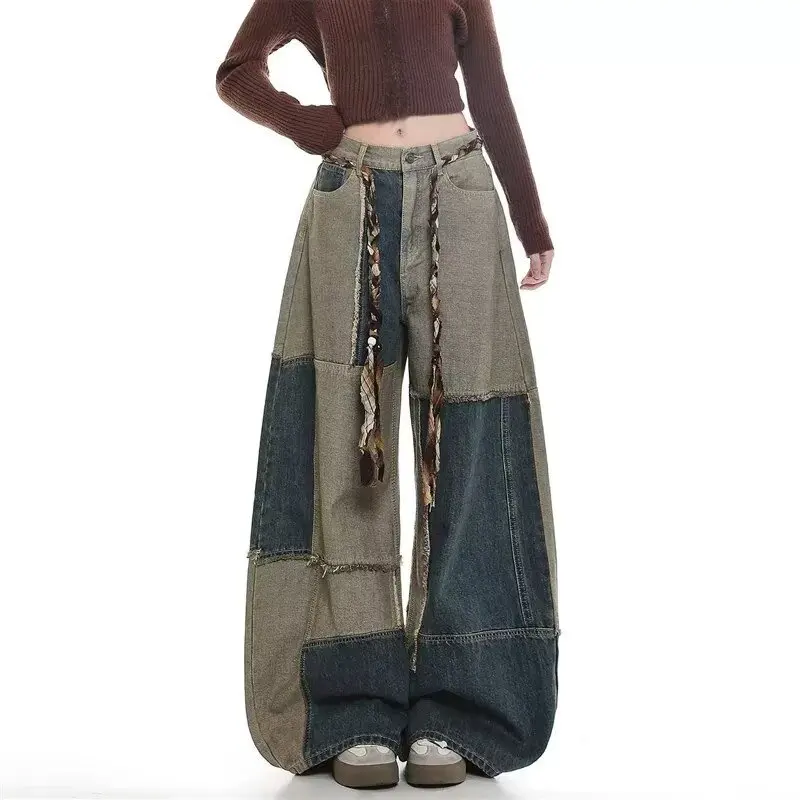 2026 Cyber Y2K Streetwear Contrast Color Patchwork Baggy Women's Jeans Pants For Woman Clothing Wide Leg Gothic Denim Trousers