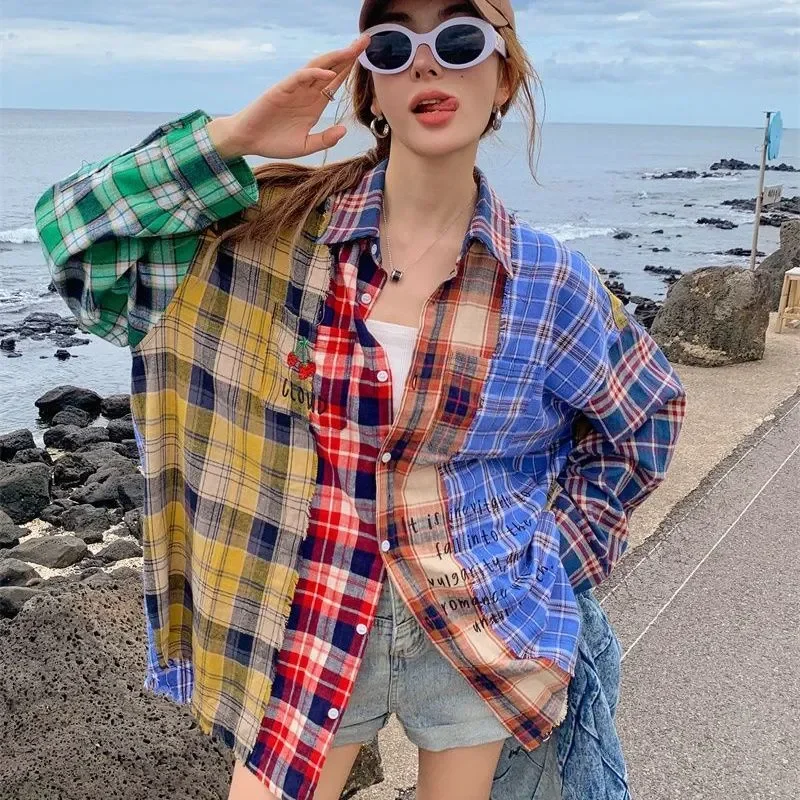 

Унисекс рубашка в американском винтажном стиле с цветными блоками и клетчатым узором, весна-лето, оверсайз, повседневная, с длинным рукавом