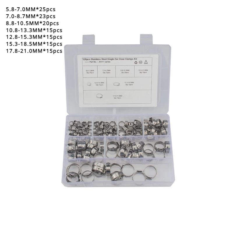 

128pcs 304 Stainless Steel Single Ear Stepless Hose Clamps Clamp Assortment Kit Crimp Pinch Rings for Securing Pipe Hoses