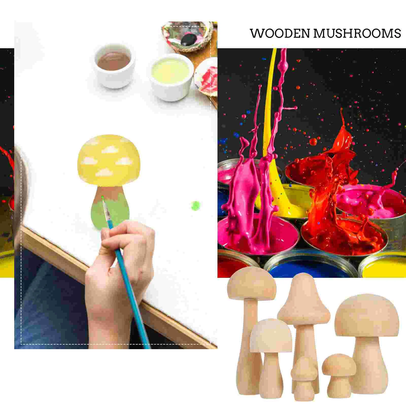 6 Pcs Doodle White Germ Mushroom Kids Painting Wood Unfinished for Unpainted Peg Plain DIY Decor Crafts