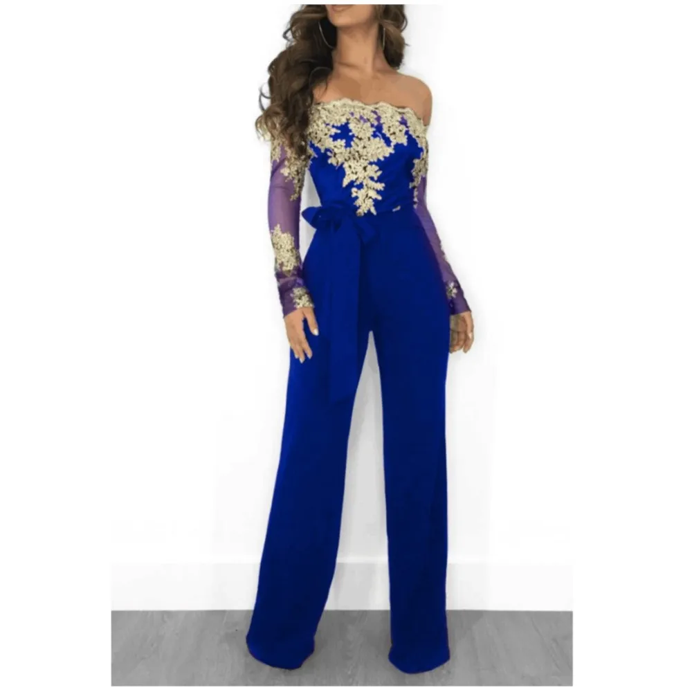 

Fashion Lace Embroidery Patchwork Women's Elegant Jumpsuit Spring Autumn Women Sexy One Shoulder Slim Fit Lace Up Jumpsuit Pants