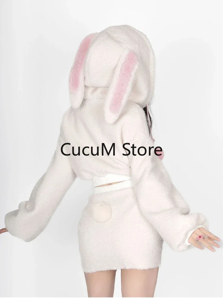 2024 New White Lolita Kawaii Two-piece Set Women Fluffy Casual Korean Style Cute Skirt Suit Hooded Top + Sweet Mini Skirt Chic