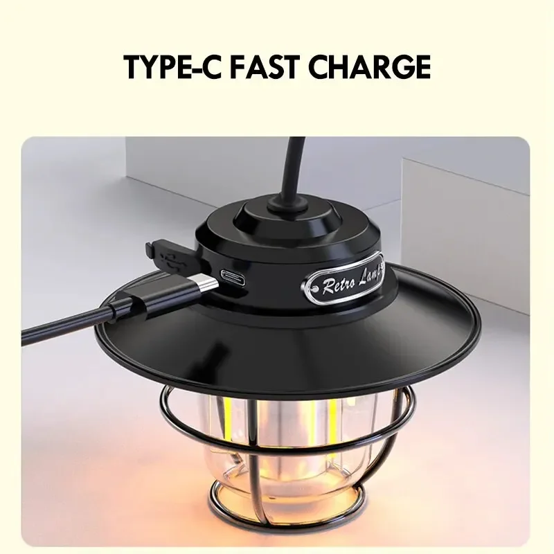 LED Camping Lamp Retro Hanging Lamp Portable Stepless Dimming Camping Light Waterproof Rechargeable Outdoor Light Lantern