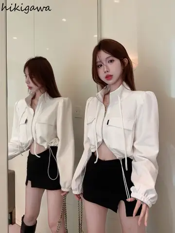 스트리트 자켓 여성 스탠드 넥 긴 소매 Y2k 자르기 탑 2025 Ropa Mujer 패션 지퍼 캐주얼 화이트 한국어 지퍼 코트