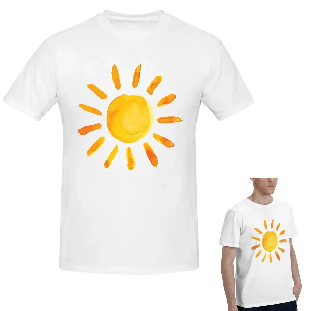 

100% Cotton Brushed Watercolor Painted Sun T-Shirt Men's Classic Oversized T Shirt Men Crew Neck Summer Shirts Tops S-6XL