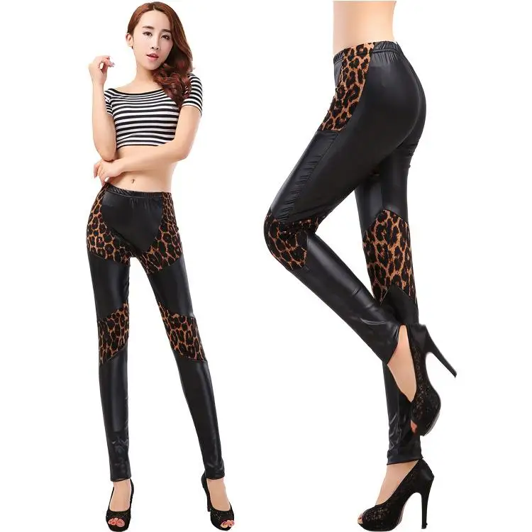 Calças Femininas de Camada Base com Padrão de Couro Sintético Fosco e Estampa de Leopardo, Outros Materiais 00%