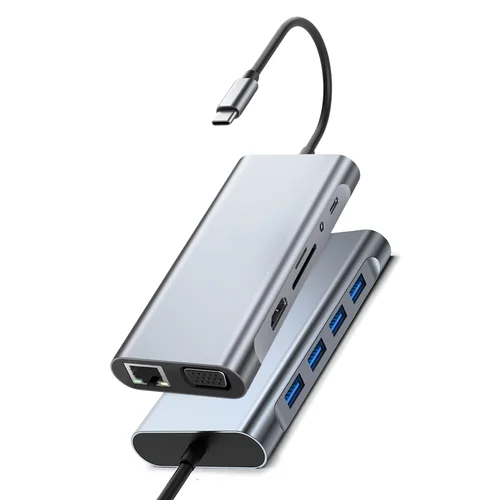 Imagen 1 del producto USB C HUB Dongle 11 en 1 con 4K HDTV, VGA, tipo C PD, USB3.0, Ethernet de 100Mbps, lector de tarjetas SD/TF, estación de acoplamiento con conector de 3,5 mm