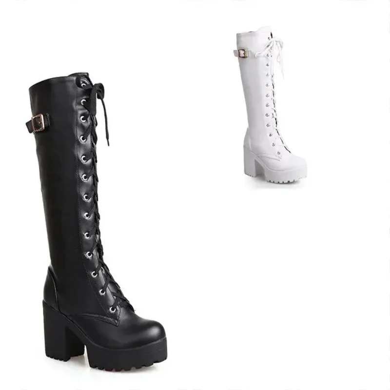 Hot Sale Spring Autumn Lacing Knee High Boots Women Fashion White Square Heel Woman Leather Shoes Winter PU Large Size 43