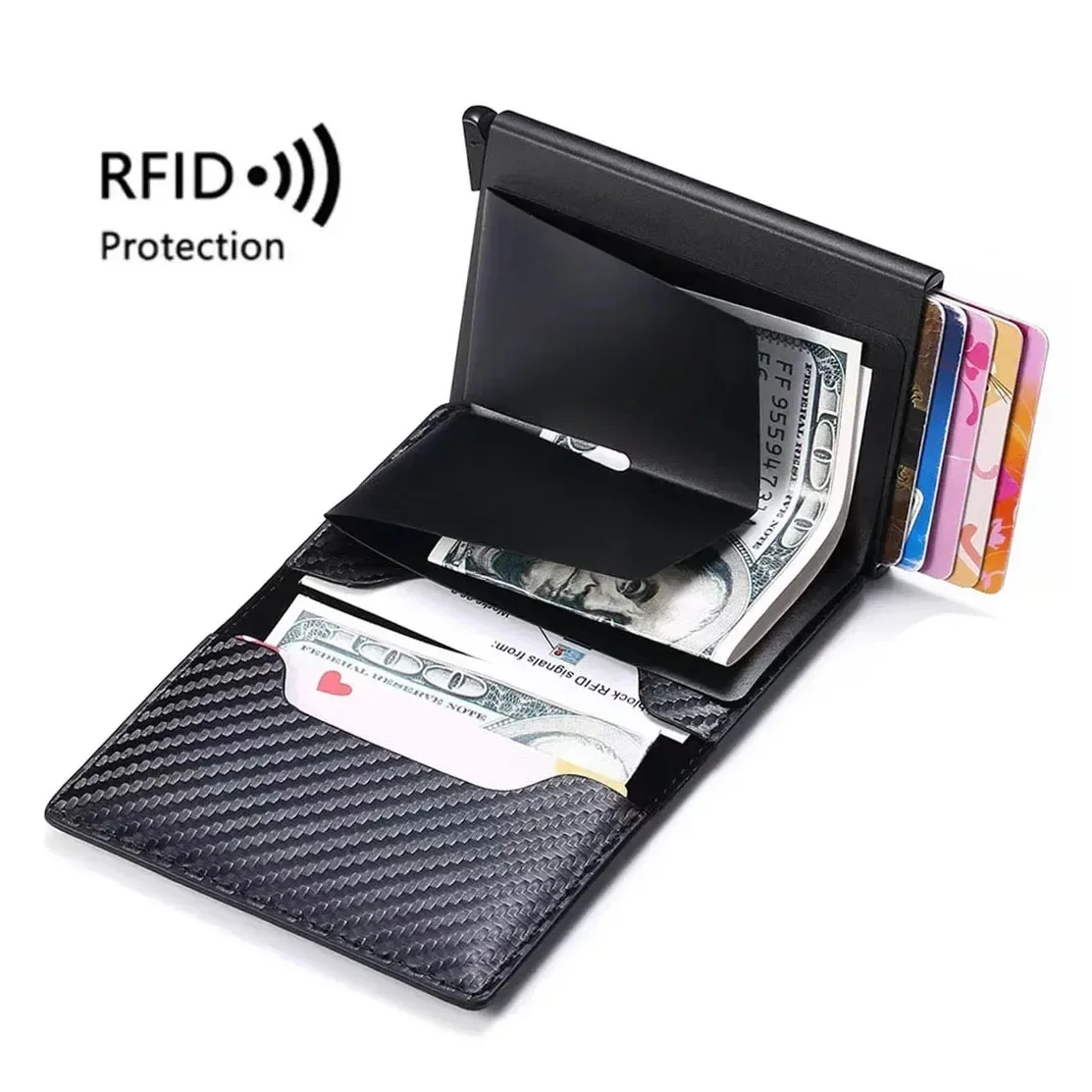 Tarjetero personalizado para hombre, billetera minimalista de cuero de fibra de carbono negro Rfid, regalos para hombre