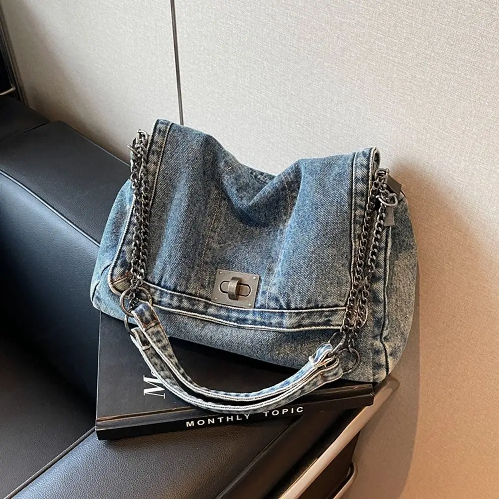 Shoulder Bag Denim Canvas Bag Street Style Metal Chain Vintage Handbag Solid Color Large Capacity Solid Crossbody Bag Streetwear