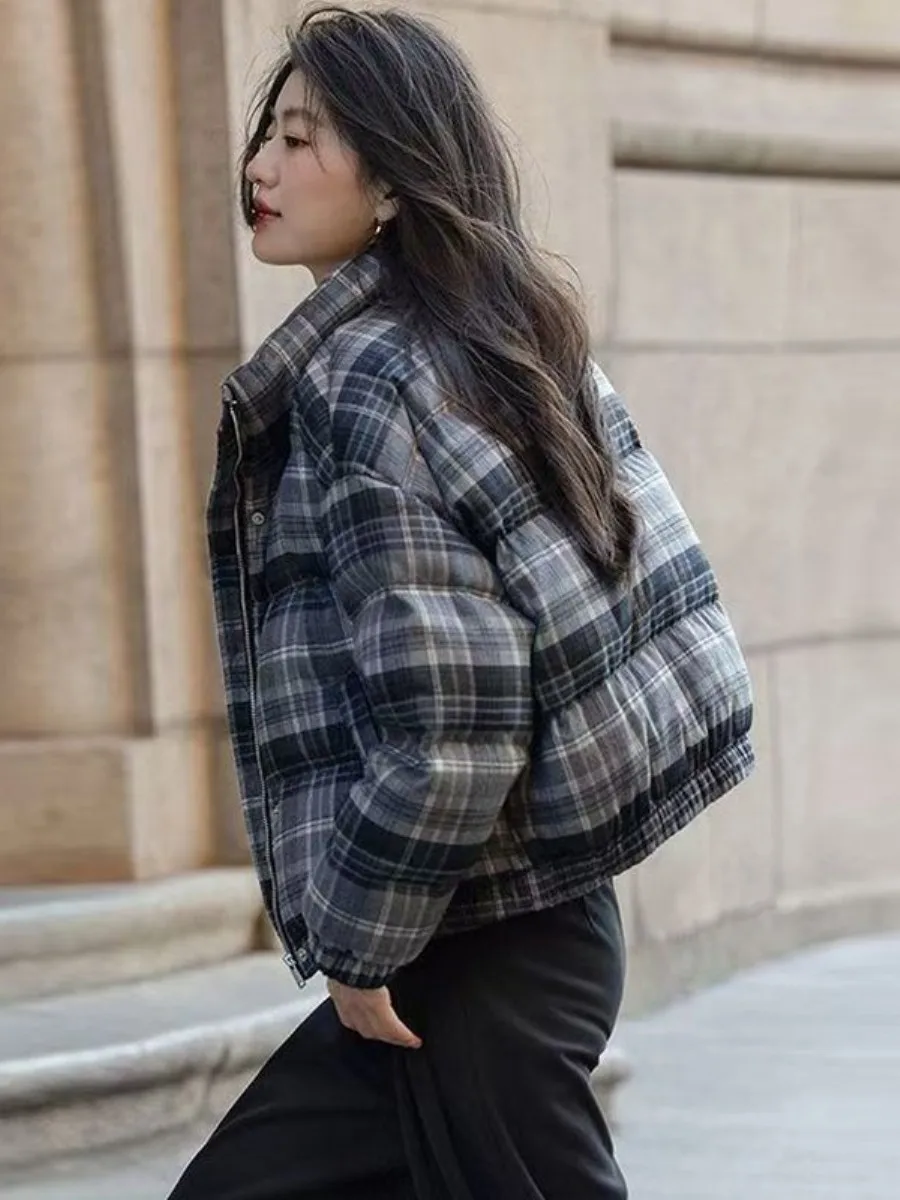 2026-winter-new-faion-plaid-cotton-jaet-women-thi-warm-stand-collar-trendy-versatile-small-size-clothing-two-piece-set