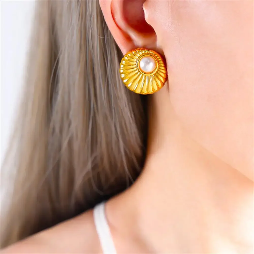 PVD Stainless Steel Circle Hoops Stud Earrings Striped Golden Waterproof Geometric Pearl Earring Bride Wed Jewelry Accessories