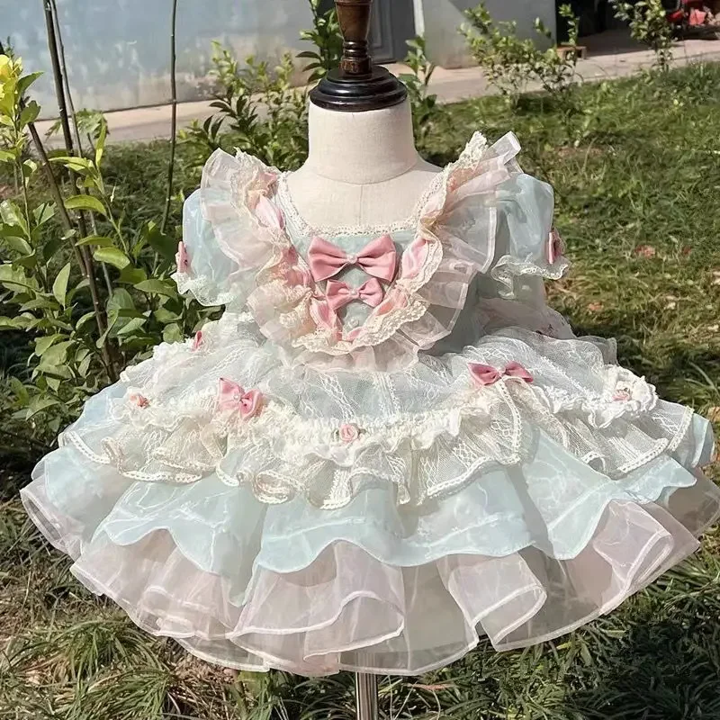 

Spanish Vintage Lolita Princess Ball Gown Lace Bow Stitching Birthday Baptism Easter Eid Party Dresses For Girls A2433