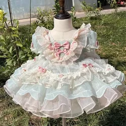 Spanish Vintage Lolita Princess Ball Gown Lace Bow Stitching Birthday Baptism Easter Eid Party Dresses For Girls A2433