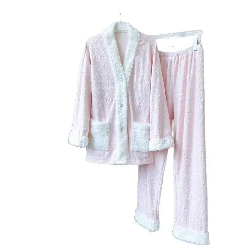 2025 New Women's Pajama Set Girl Homewear Island Fleece Thick Plush Double Sided Warm Home Loungewear Outfit Ladies Sleepwear